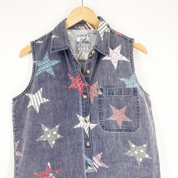 Vintage 90s Andrew's Blues Star Retro Chambray Button Up Tank Large - Picture 5 of 5